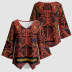 Aotearoa Iwi Rongowhakaata Kimono Sleeve Blouse Maori Wharenui House Tribal Pattern