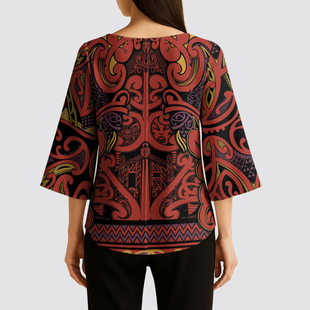 Aotearoa Iwi Rongowhakaata Kimono Sleeve Blouse Maori Wharenui House Tribal Pattern