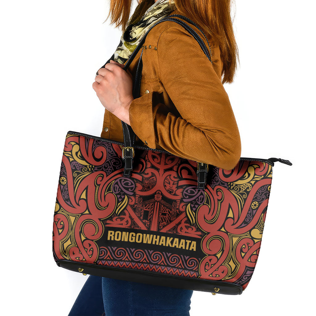 Aotearoa Iwi Rongowhakaata Leather Tote Bag Maori Wharenui House Tribal Pattern