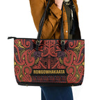 Aotearoa Iwi Rongowhakaata Leather Tote Bag Maori Wharenui House Tribal Pattern