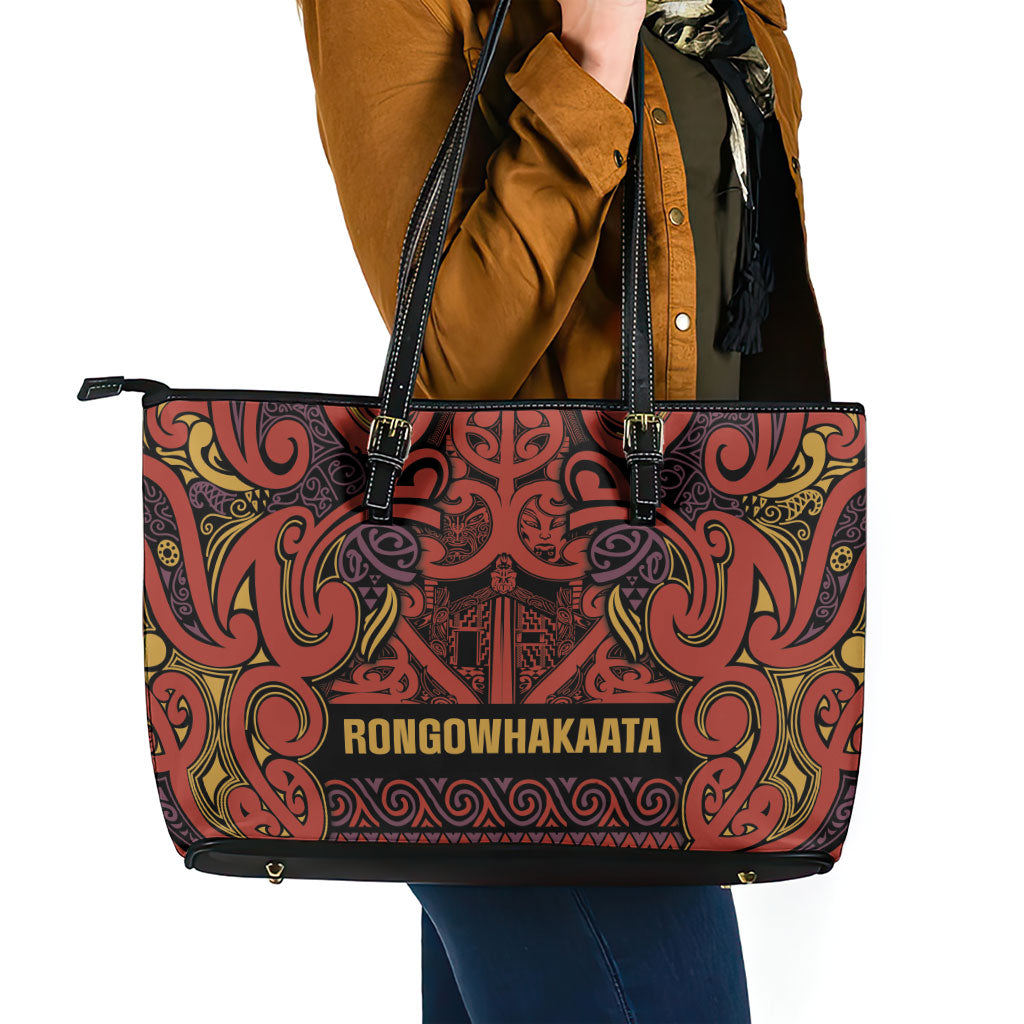 Aotearoa Iwi Rongowhakaata Leather Tote Bag Maori Wharenui House Tribal Pattern