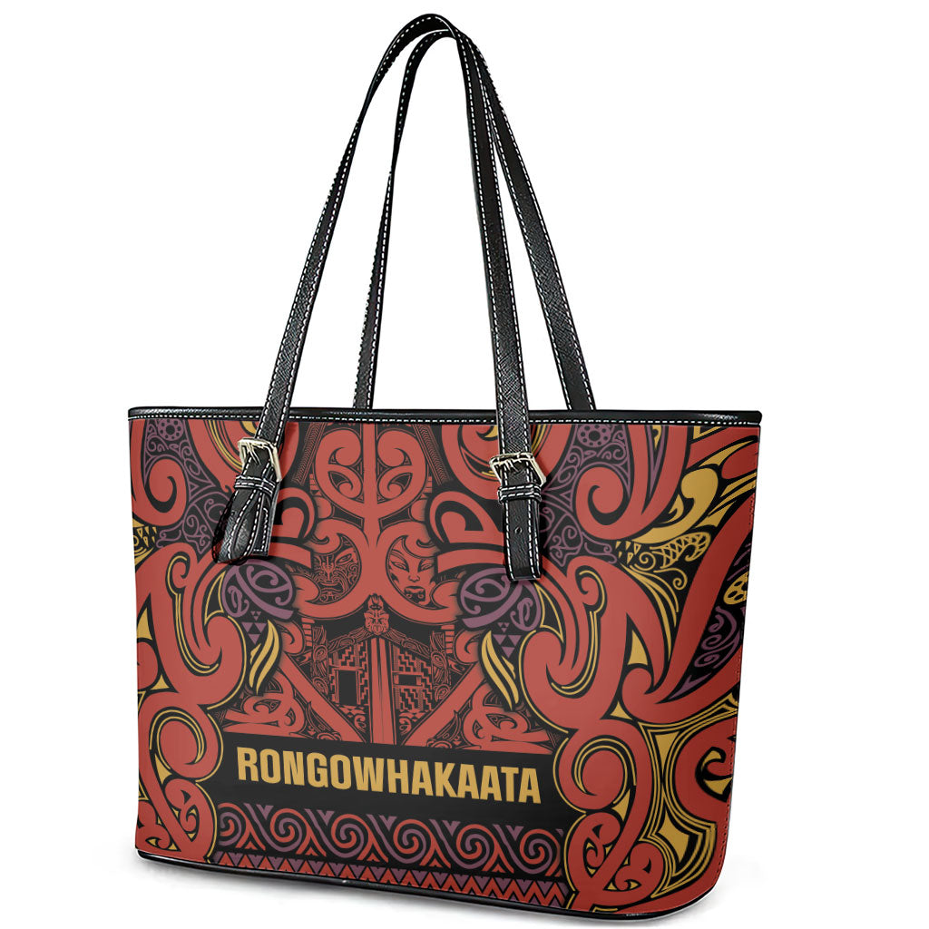 Aotearoa Iwi Rongowhakaata Leather Tote Bag Maori Wharenui House Tribal Pattern