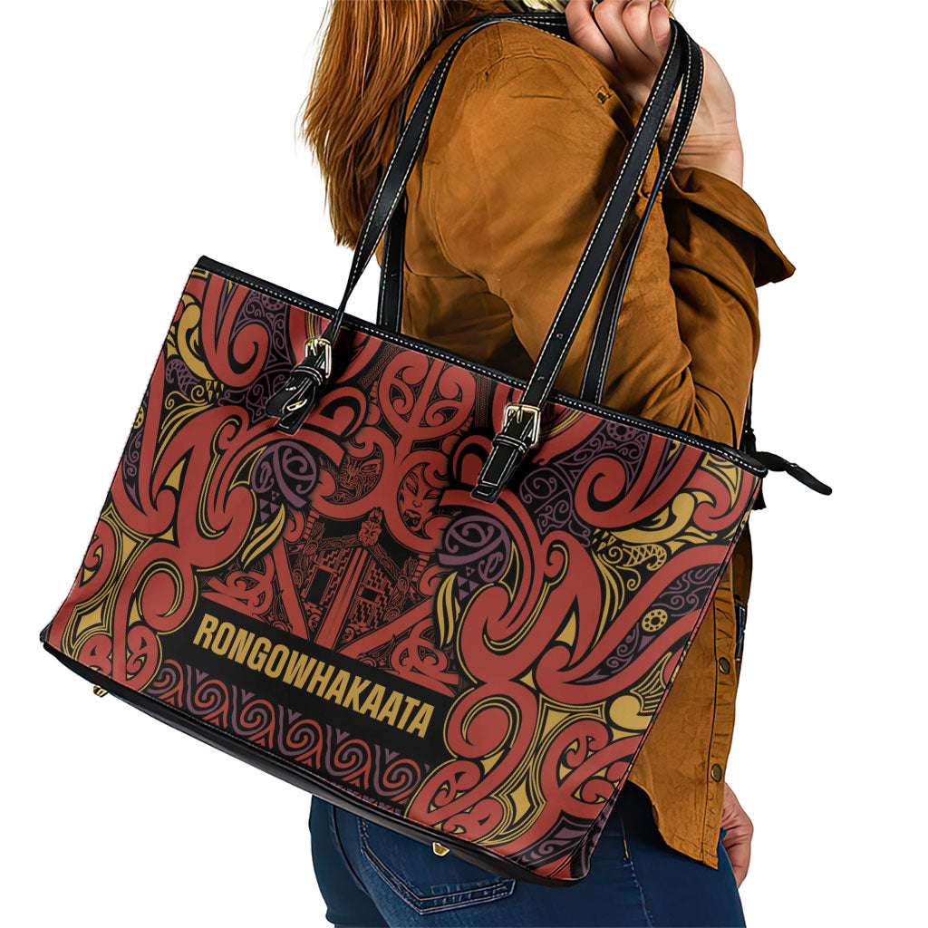 Aotearoa Iwi Rongowhakaata Leather Tote Bag Maori Wharenui House Tribal Pattern