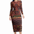 Aotearoa Iwi Rongowhakaata Long Sleeve Bodycon Dress Maori Wharenui House Tribal Pattern