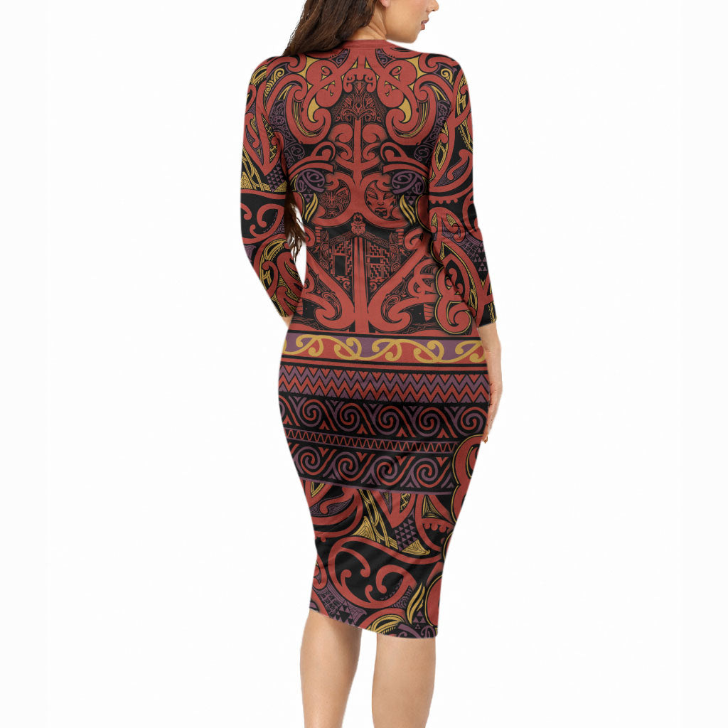 Aotearoa Iwi Rongowhakaata Long Sleeve Bodycon Dress Maori Wharenui House Tribal Pattern