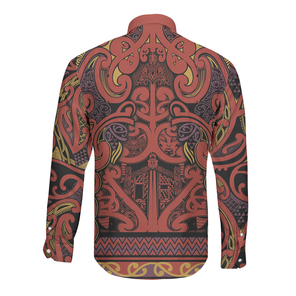 Aotearoa Iwi Rongowhakaata Long Sleeve Button Shirt Maori Wharenui House Tribal Pattern