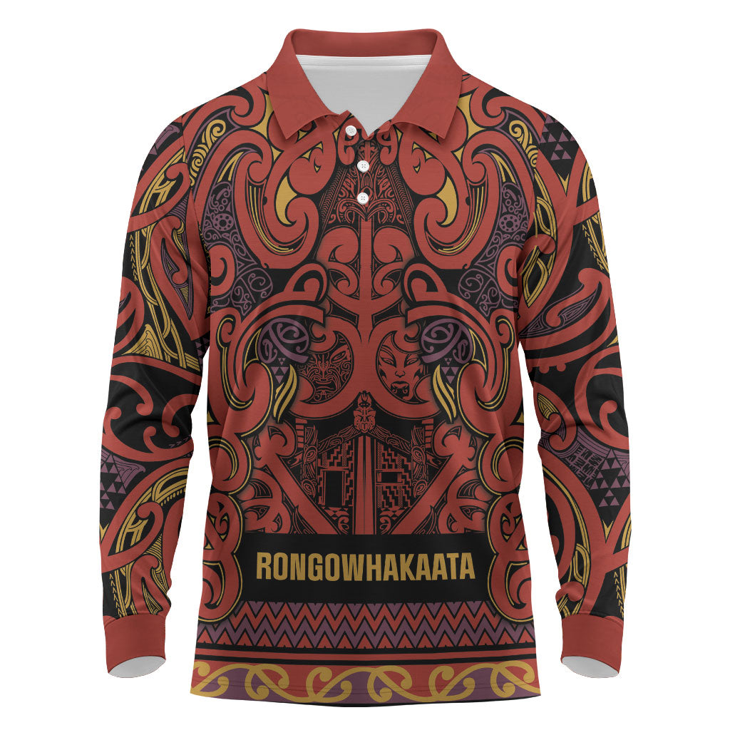 Aotearoa Iwi Rongowhakaata Long Sleeve Polo Shirt Maori Wharenui House Tribal Pattern