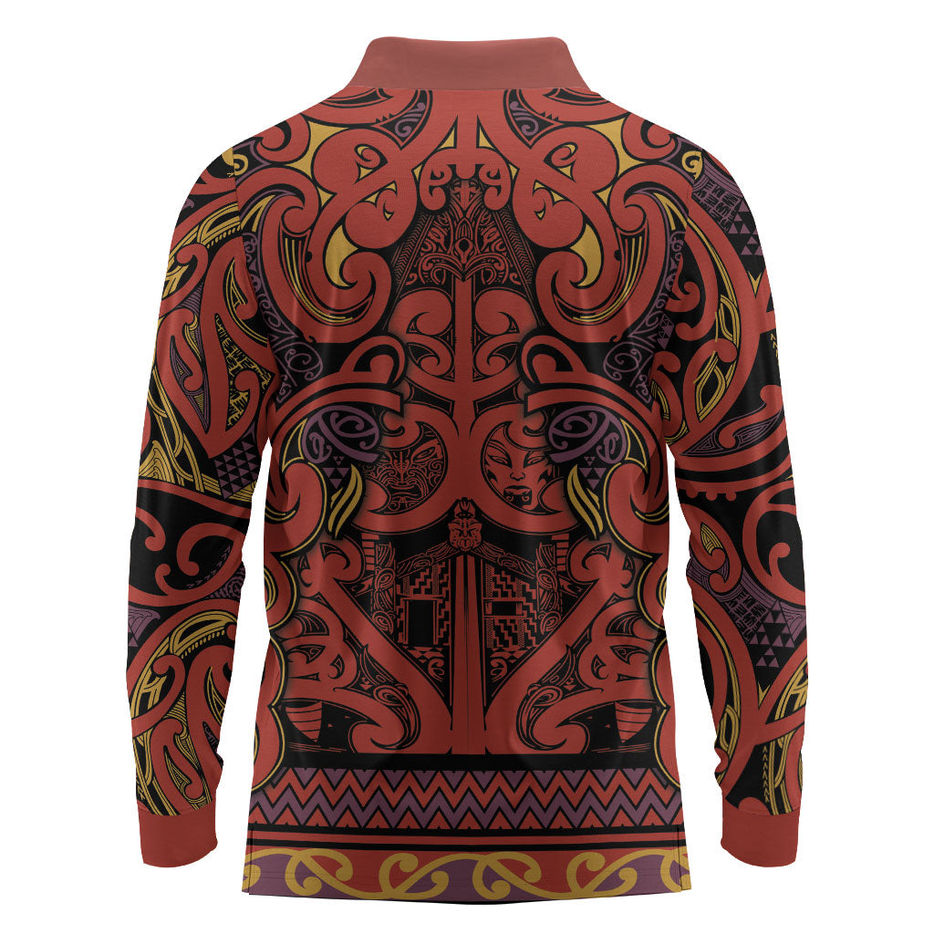 Aotearoa Iwi Rongowhakaata Long Sleeve Polo Shirt Maori Wharenui House Tribal Pattern