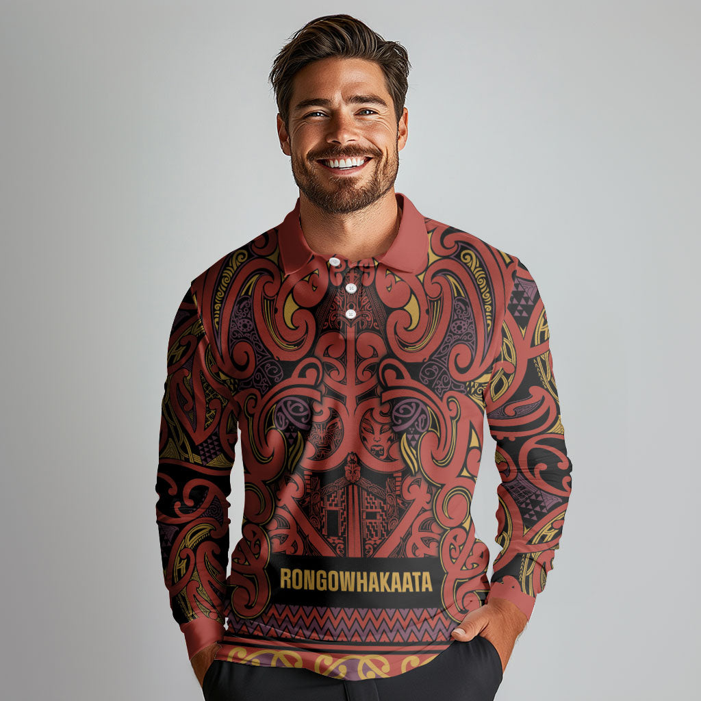 Aotearoa Iwi Rongowhakaata Long Sleeve Polo Shirt Maori Wharenui House Tribal Pattern
