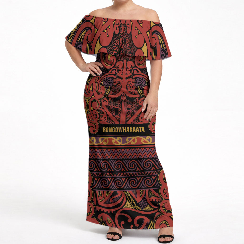 Aotearoa Iwi Rongowhakaata Off Shoulder Maxi Dress Maori Wharenui House Tribal Pattern
