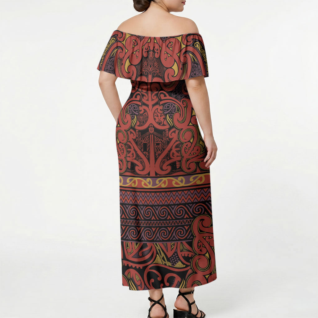 Aotearoa Iwi Rongowhakaata Off Shoulder Maxi Dress Maori Wharenui House Tribal Pattern