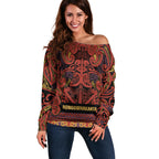 Aotearoa Iwi Rongowhakaata Off Shoulder Sweater Maori Wharenui House Tribal Pattern