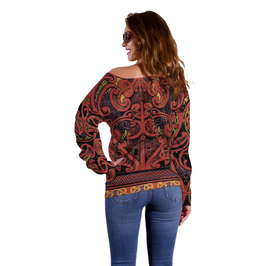 Aotearoa Iwi Rongowhakaata Off Shoulder Sweater Maori Wharenui House Tribal Pattern