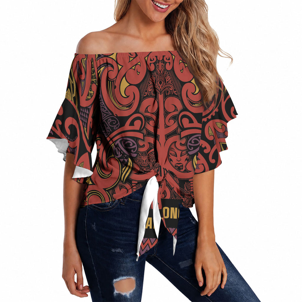 Aotearoa Iwi Rongowhakaata Off Shoulder Wrap Waist Top Maori Wharenui House Tribal Pattern