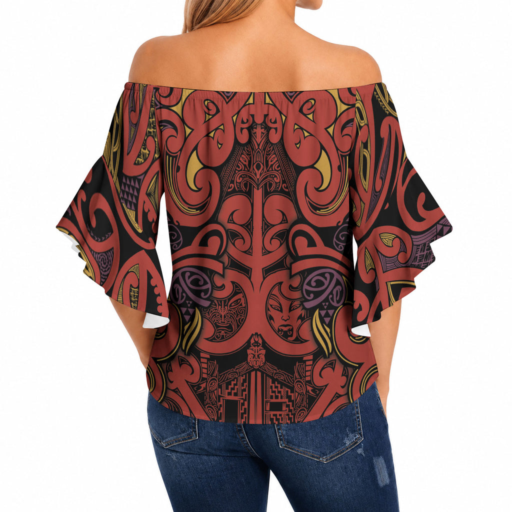 Aotearoa Iwi Rongowhakaata Off Shoulder Wrap Waist Top Maori Wharenui House Tribal Pattern