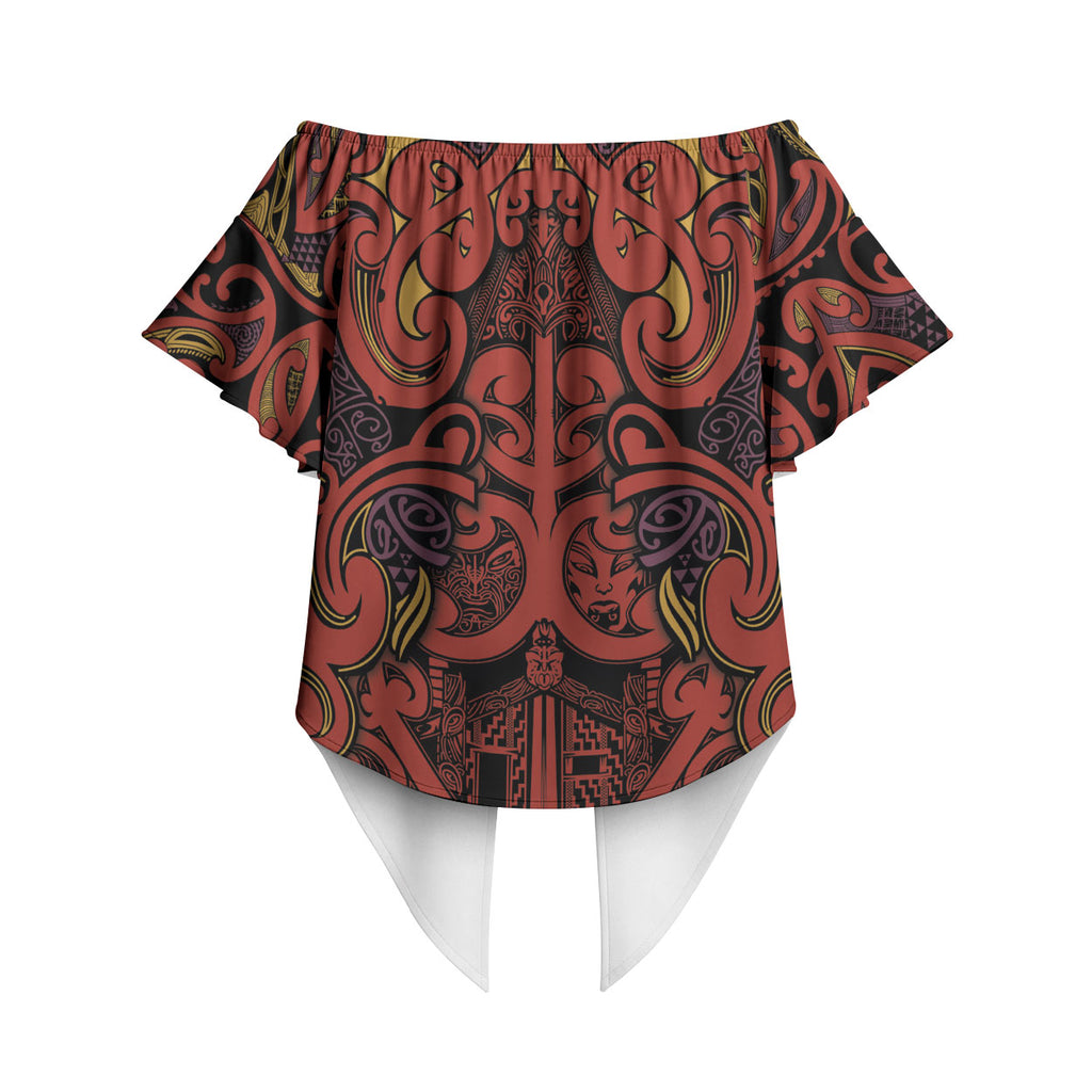 Aotearoa Iwi Rongowhakaata Off Shoulder Wrap Waist Top Maori Wharenui House Tribal Pattern