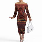 Aotearoa Iwi Rongowhakaata Off The Shoulder Long Sleeve Dress Maori Wharenui House Tribal Pattern