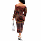 Aotearoa Iwi Rongowhakaata Off The Shoulder Long Sleeve Dress Maori Wharenui House Tribal Pattern