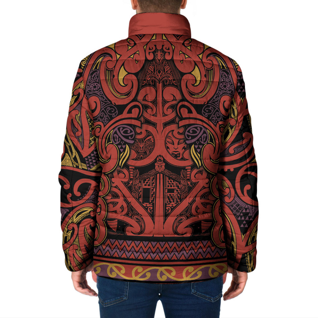 Aotearoa Iwi Rongowhakaata Padded Jacket Maori Wharenui House Tribal Pattern