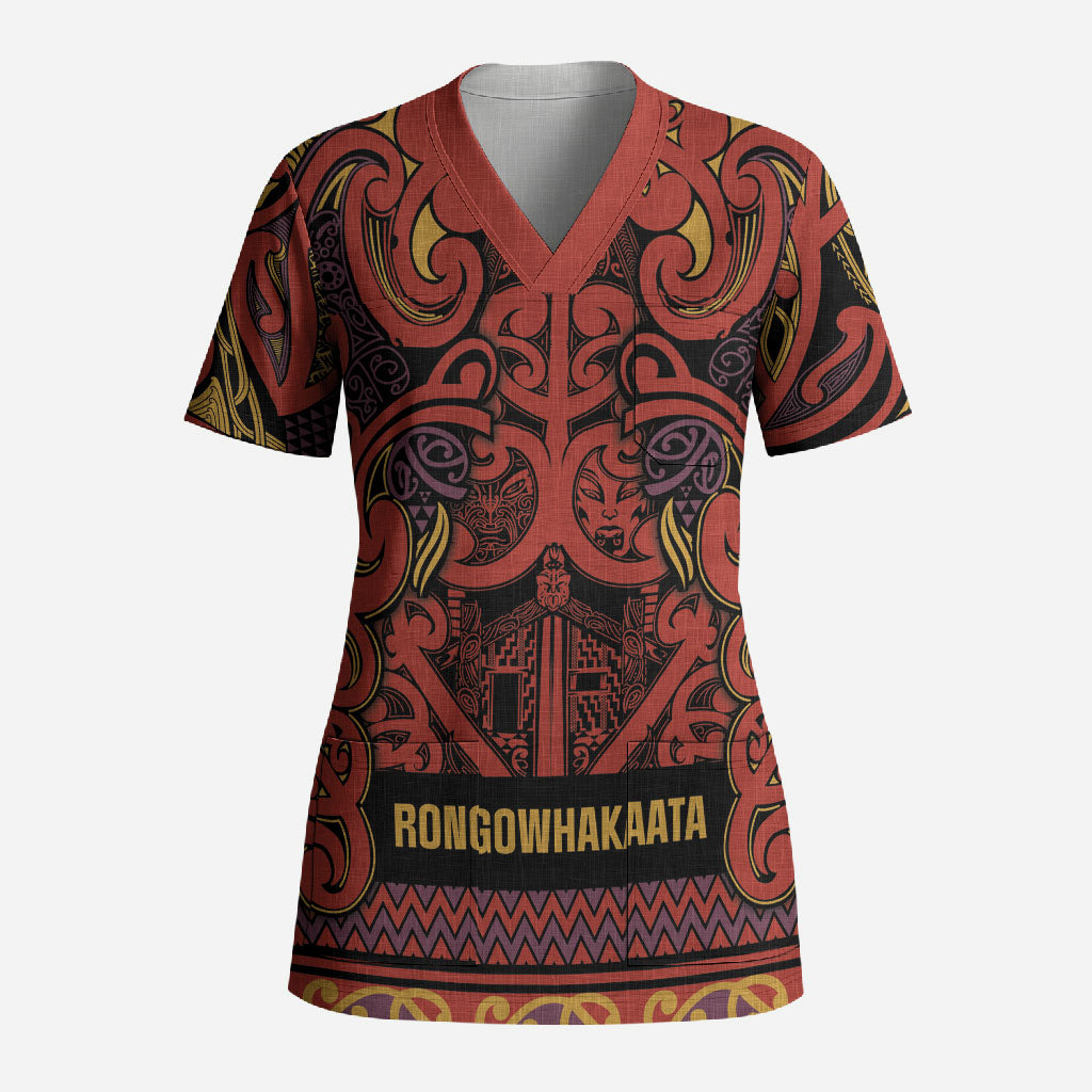 Aotearoa Iwi Rongowhakaata Scrub Top Maori Wharenui House Tribal Pattern