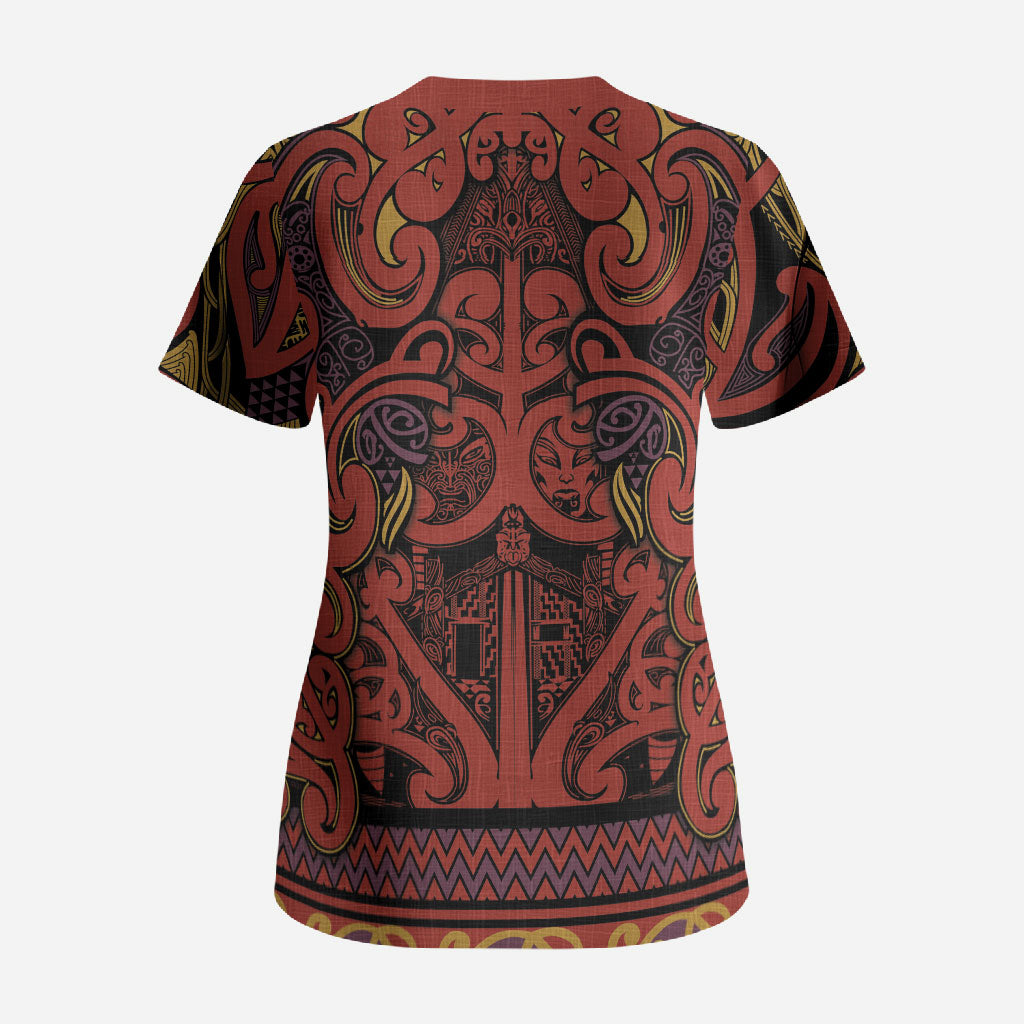 Aotearoa Iwi Rongowhakaata Scrub Top Maori Wharenui House Tribal Pattern
