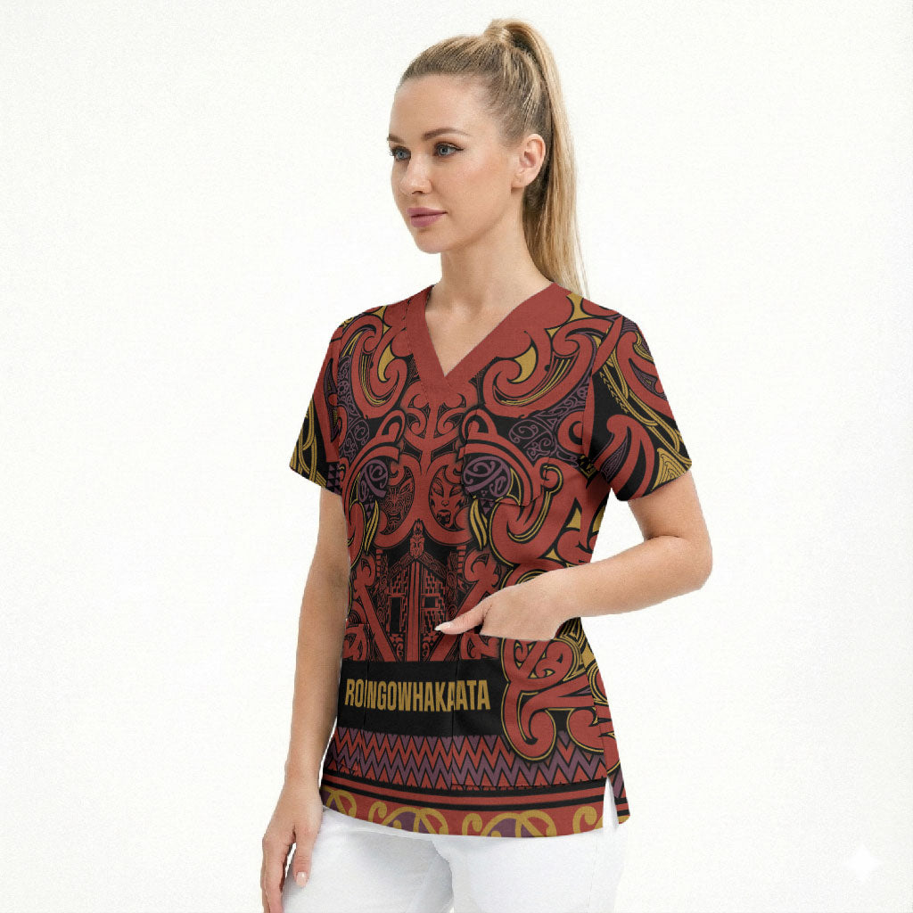 Aotearoa Iwi Rongowhakaata Scrub Top Maori Wharenui House Tribal Pattern