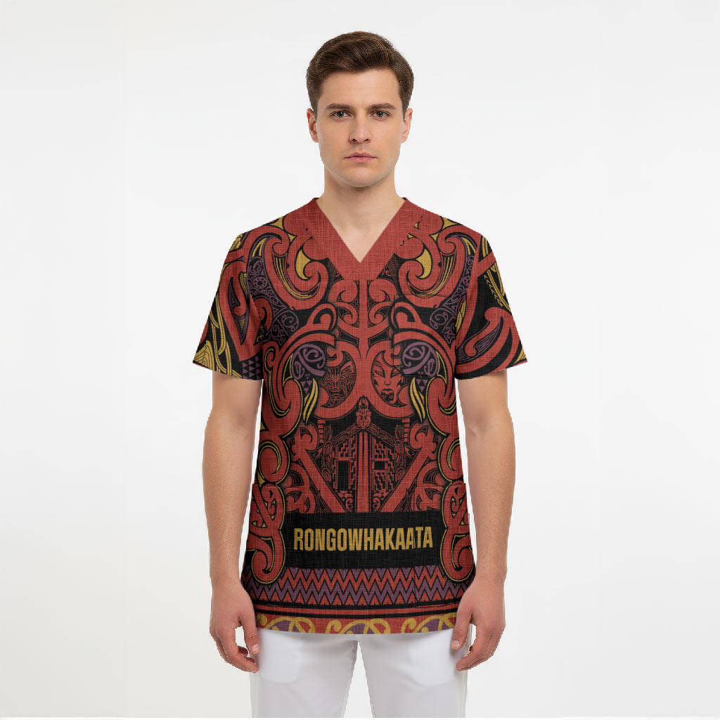 Aotearoa Iwi Rongowhakaata Scrub Top Maori Wharenui House Tribal Pattern
