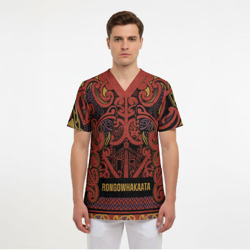 Aotearoa Iwi Rongowhakaata Scrub Top Maori Wharenui House Tribal Pattern