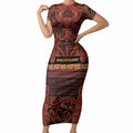 Aotearoa Iwi Rongowhakaata Short Sleeve Bodycon Dress Maori Wharenui House Tribal Pattern