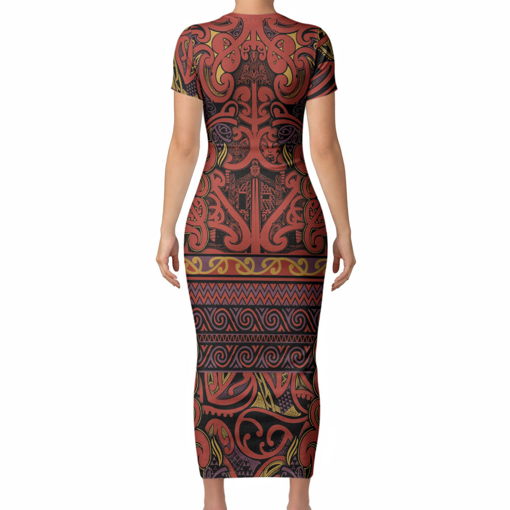 Aotearoa Iwi Rongowhakaata Short Sleeve Bodycon Dress Maori Wharenui House Tribal Pattern