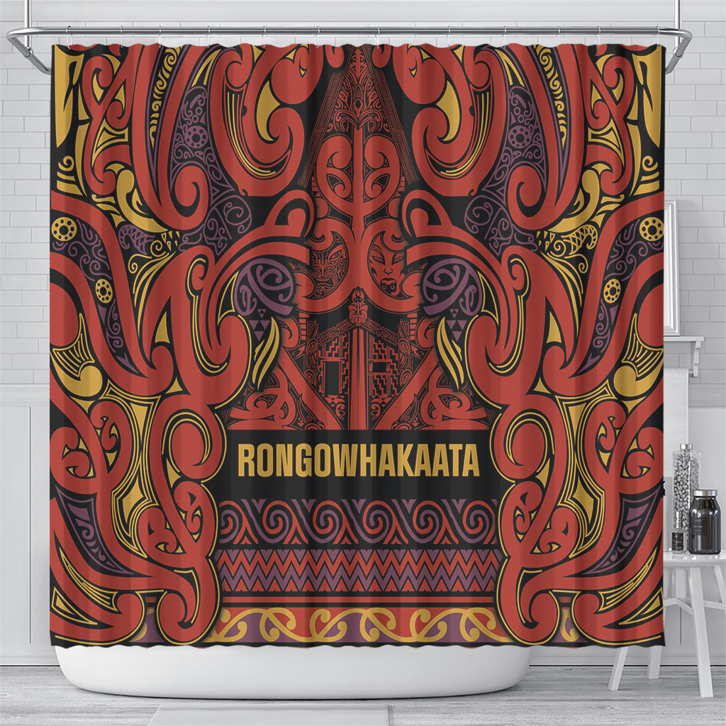 Aotearoa Iwi Rongowhakaata Shower Curtain Maori Wharenui House Tribal Pattern