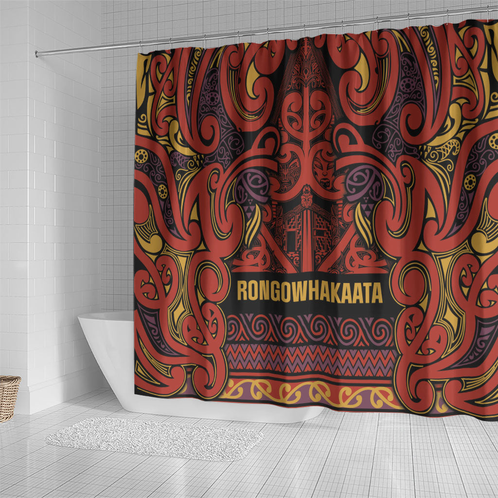 Aotearoa Iwi Rongowhakaata Shower Curtain Maori Wharenui House Tribal Pattern