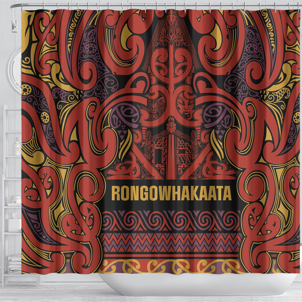 Aotearoa Iwi Rongowhakaata Shower Curtain Maori Wharenui House Tribal Pattern