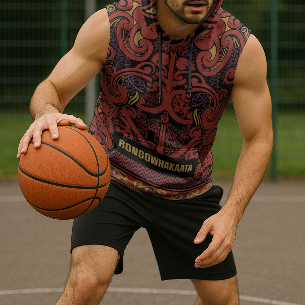 Aotearoa Iwi Rongowhakaata Sleeveless Hoodie Maori Wharenui House Tribal Pattern