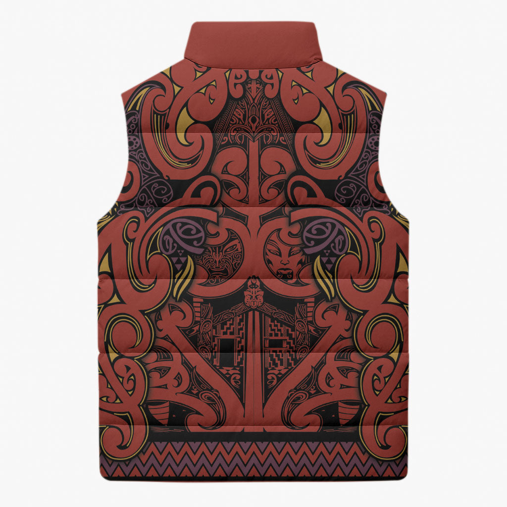 Aotearoa Iwi Rongowhakaata Sleeveless Puffer Jacket Maori Wharenui House Tribal Pattern