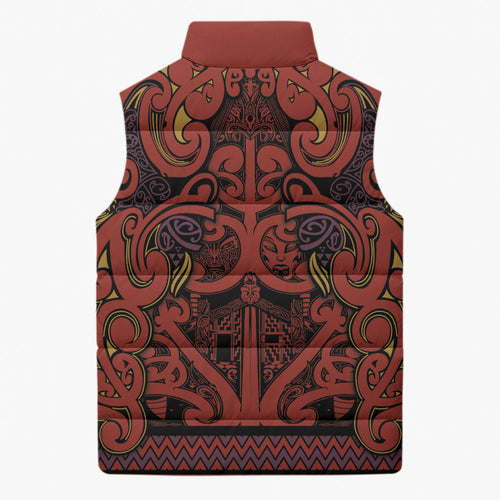 Aotearoa Iwi Rongowhakaata Sleeveless Puffer Jacket Maori Wharenui House Tribal Pattern