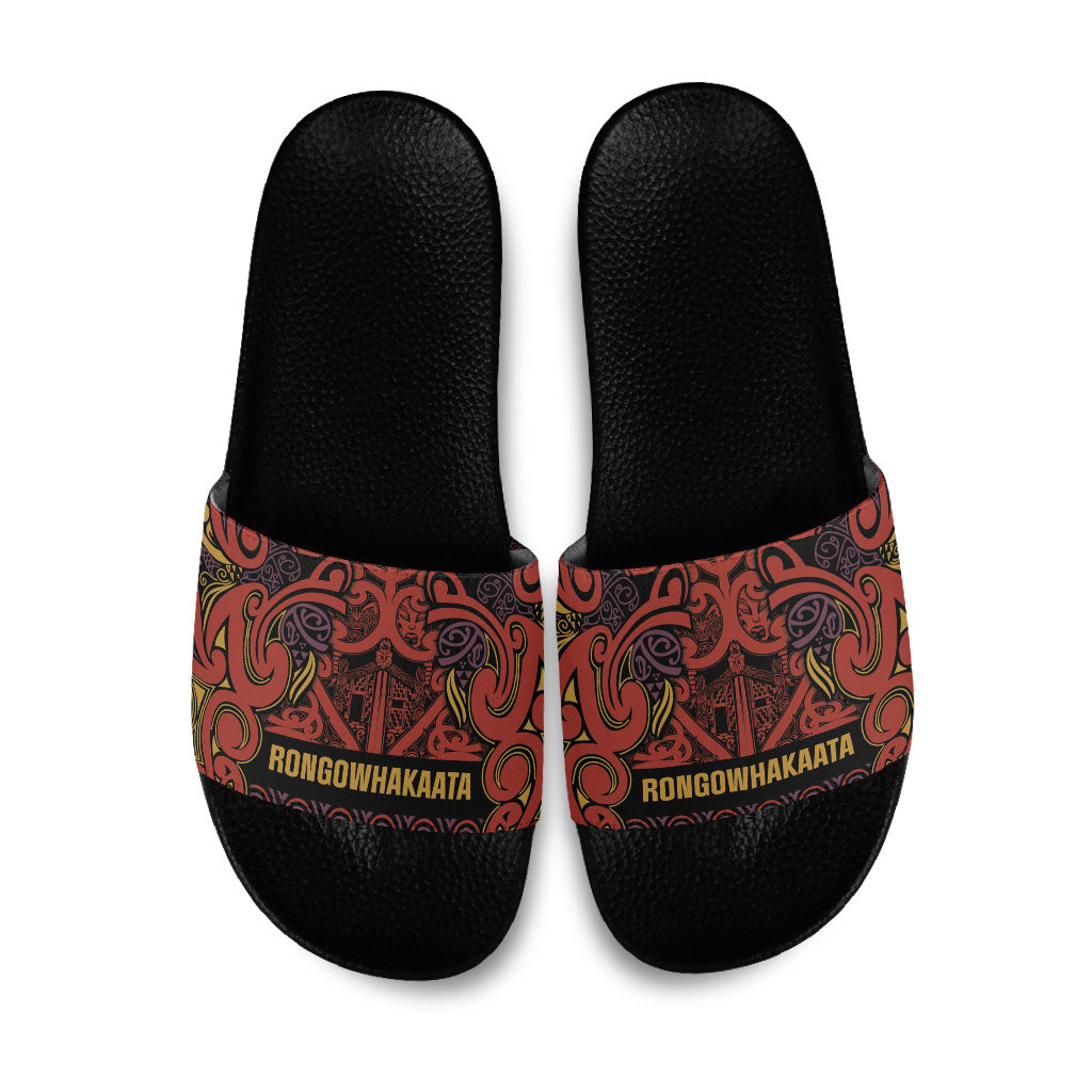 Aotearoa Iwi Rongowhakaata Slide Sandals Maori Wharenui House Tribal Pattern
