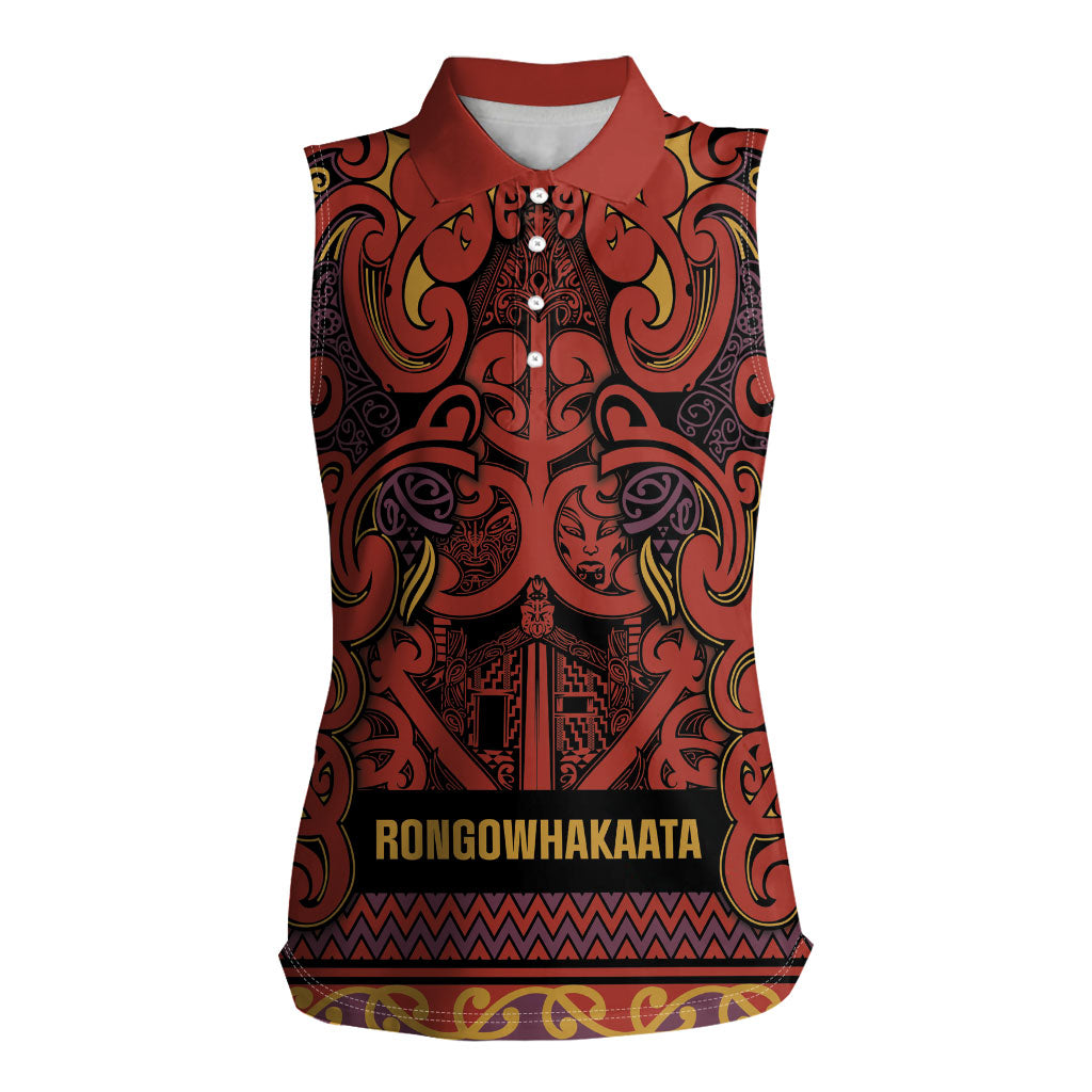 Aotearoa Iwi Rongowhakaata Women Sleeveless Polo Shirt Maori Wharenui House Tribal Pattern