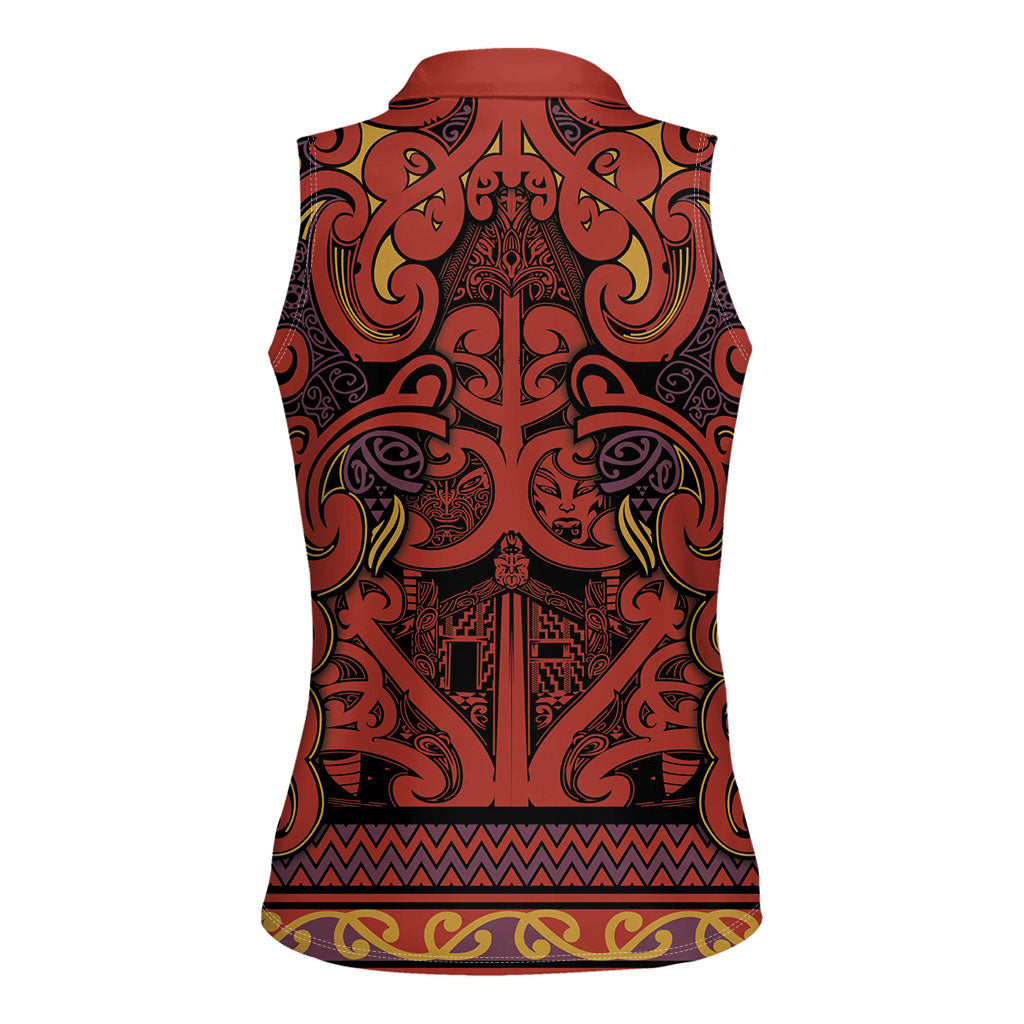 Aotearoa Iwi Rongowhakaata Women Sleeveless Polo Shirt Maori Wharenui House Tribal Pattern