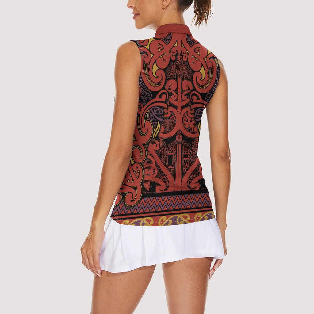 Aotearoa Iwi Rongowhakaata Women Sleeveless Polo Shirt Maori Wharenui House Tribal Pattern