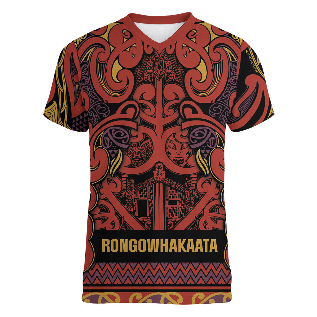 Aotearoa Iwi Rongowhakaata Women V-Neck T-Shirt Maori Wharenui House Tribal Pattern