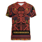 Aotearoa Iwi Rongowhakaata Women V-Neck T-Shirt Maori Wharenui House Tribal Pattern