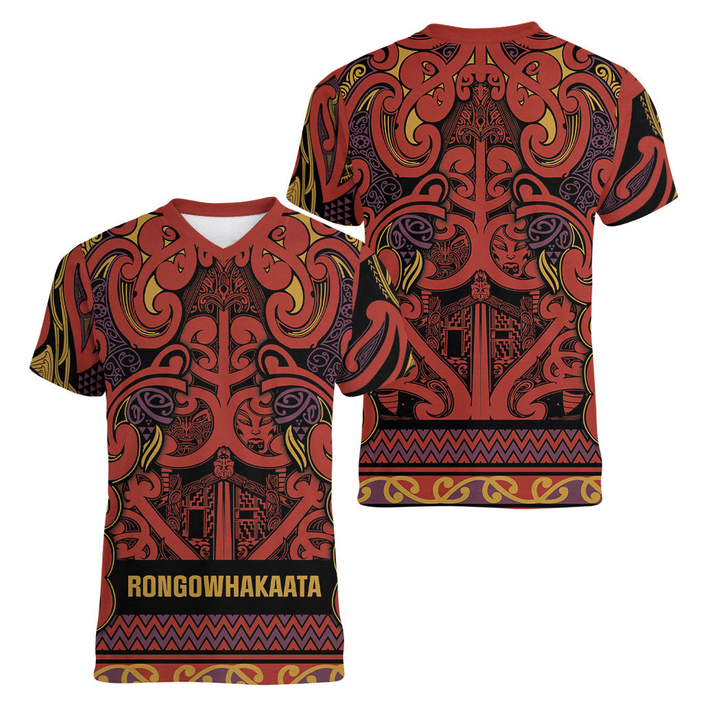Aotearoa Iwi Rongowhakaata Women V-Neck T-Shirt Maori Wharenui House Tribal Pattern