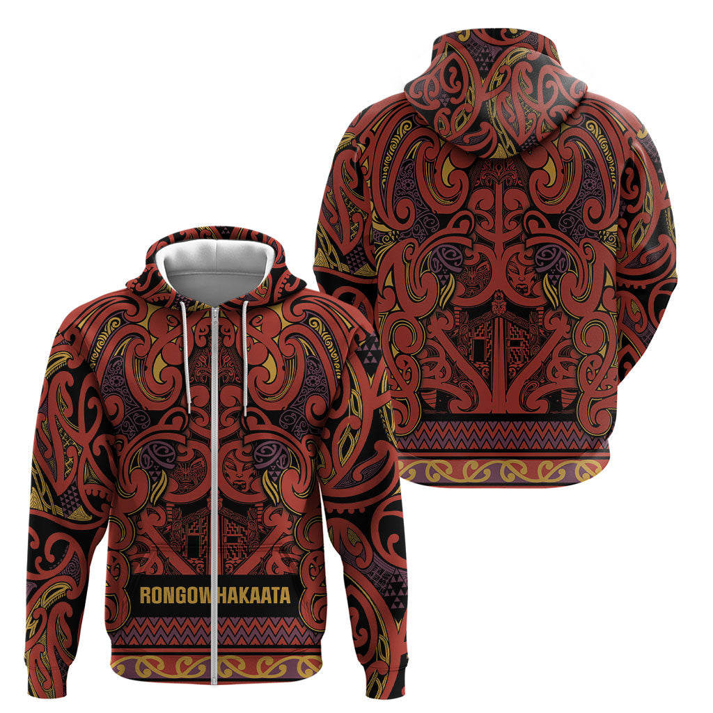 Aotearoa Iwi Rongowhakaata Zip Hoodie Maori Wharenui House Tribal Pattern