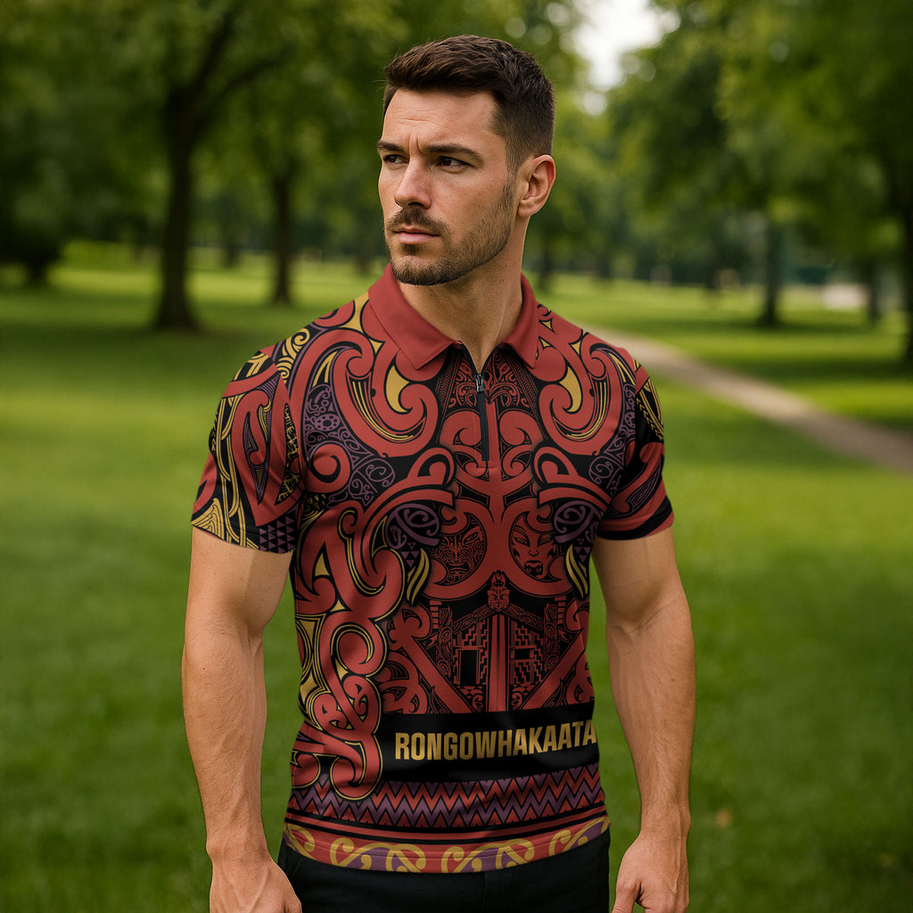 Aotearoa Iwi Rongowhakaata Zipper Polo Shirt Maori Wharenui House Tribal Pattern