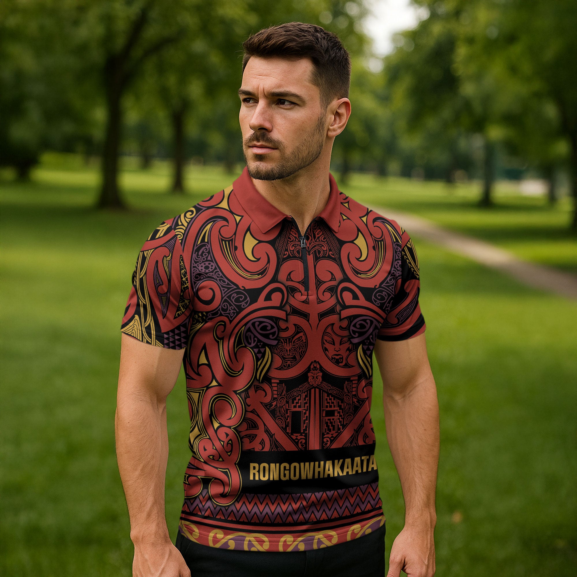 Aotearoa Iwi Rongowhakaata Zipper Polo Shirt Maori Wharenui House Tribal Pattern
