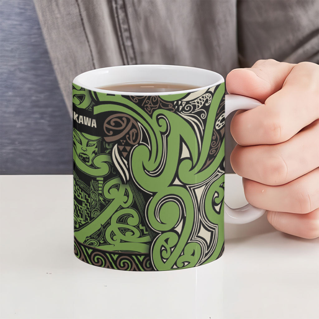 Aotearoa Iwi Ngati Raukawa Ceramic Mug Maori Wharenui House Tribal Pattern