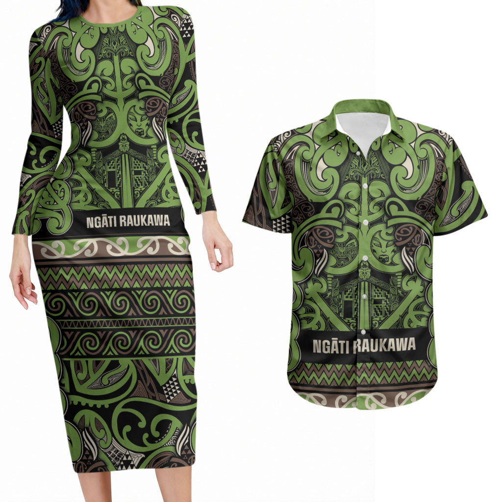 Aotearoa Iwi Ngati Raukawa Couples Matching Long Sleeve Bodycon Dress and Hawaiian Shirt Maori Wharenui House Tribal Pattern