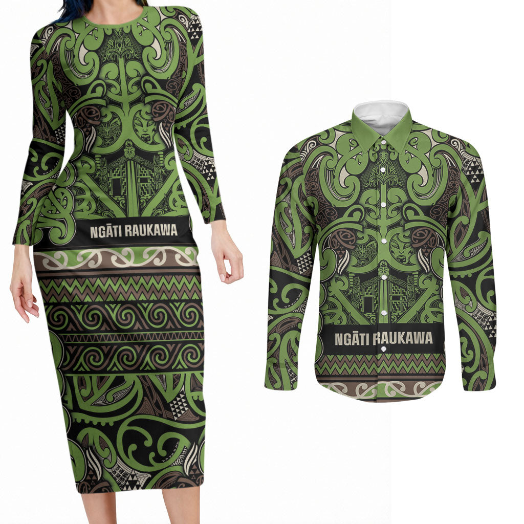 Aotearoa Iwi Ngati Raukawa Couples Matching Long Sleeve Bodycon Dress and Long Sleeve Button Shirt Maori Wharenui House Tribal Pattern