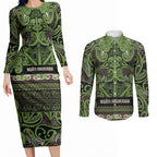Aotearoa Iwi Ngati Raukawa Couples Matching Long Sleeve Bodycon Dress and Long Sleeve Button Shirt Maori Wharenui House Tribal Pattern